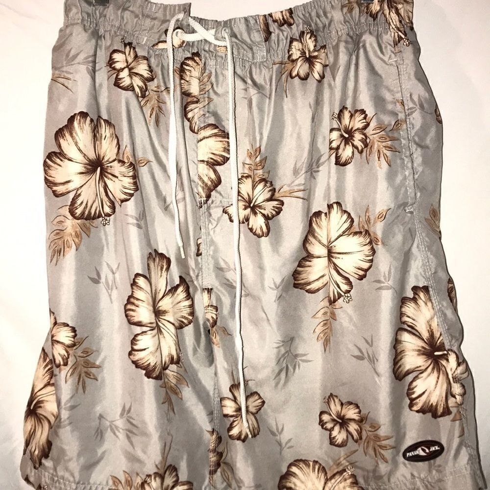 Panama Jack Mens Medium Grey Tan Hibiscus Floral Swim Trunks Mesh Lined Shorts